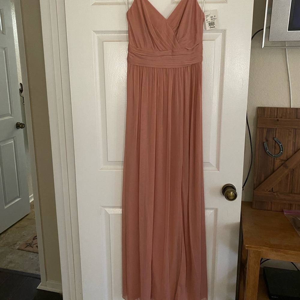 David’s Bridal F19944 Long Mesh V Neck Bridesmaid Dress Desert Coral Size 4